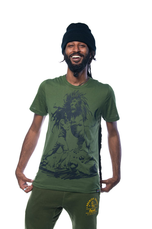 Cooyah Jamaican clothing brand, Dread and Lion men's olive green graphic tee. Rasta man with dreadlocks artwork screen printed design on soft, 100% ringspun cotton.