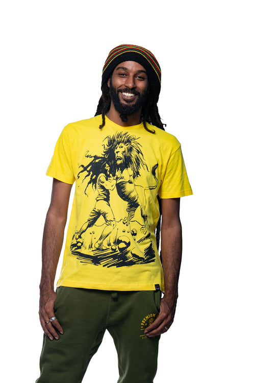 Cooyah Jamaican clothing brand, Dread and Lion men's yellow graphic tee. Rasta man with dreadlocks artwork screen printed design on soft, 100% ringspun cotton.