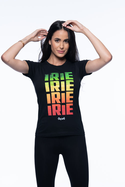 Cooyah Jamaica.  Experience the island vibes with this exclusive irie women's graphic tee.  Screen printed in reggae colors.  
