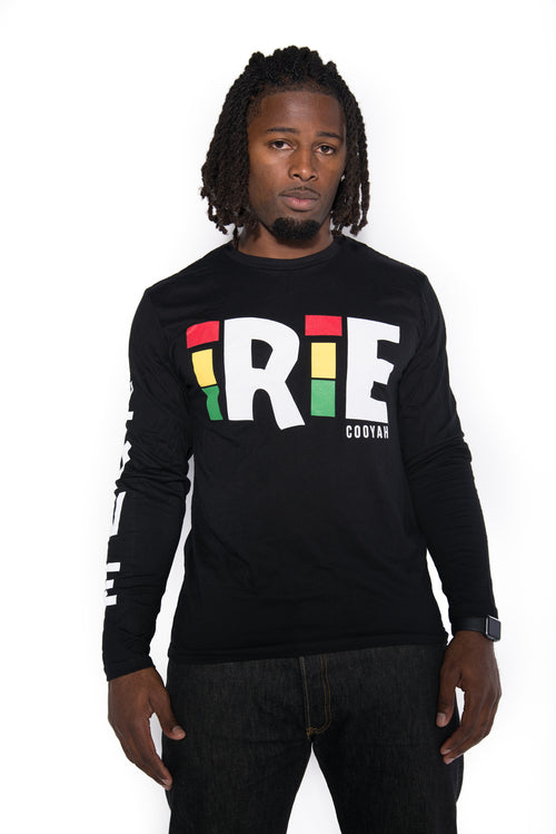 Cooyah Jamaica Irie long sleeve t-shirt in black.  Screen printed with reggae colors design on soft, ringspun cotton.