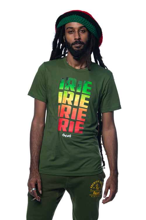 Cooyah Jamaica - Men's reggae tee with Irie graphic screen printed at Cooyah Studio.  We are the official reggae clothing brand since 1987.  One Love