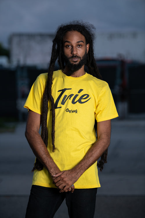 Cooyah Jamaica Irie Yard graphic tee in yellow. Men's crew neck, short sleeve t-shirt. The official reggae clothing brand since 1987.