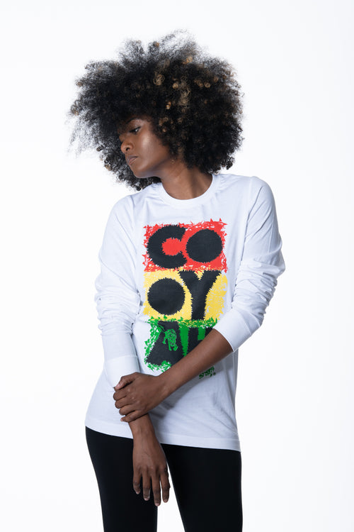 Cooyah Jamaica long sleeve Women's white Tee Shirt, Ring Spun, Crew Neck, Street Wear Reggae Style, IRIE