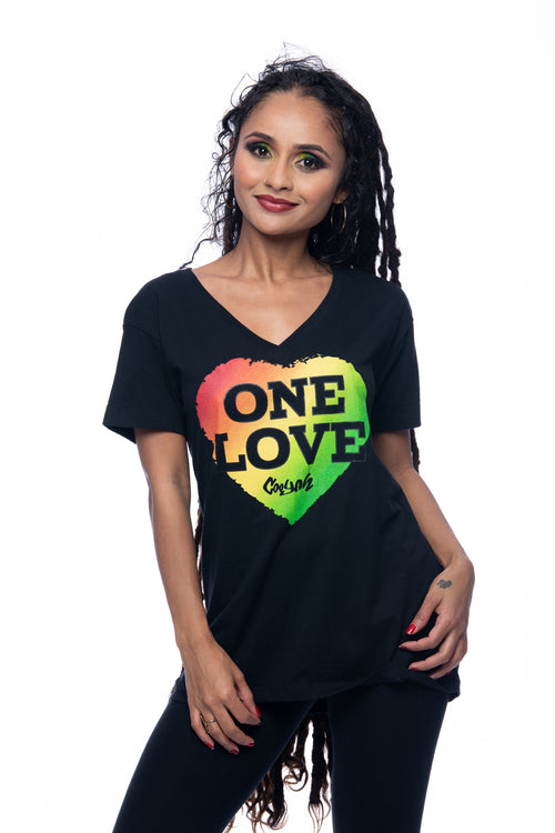 Cooyah Jamaica One Love women's V-Neck Short sleeve t-shirt screen printed heart in reggae colors. Jamaican beachwear rootswear clothing.