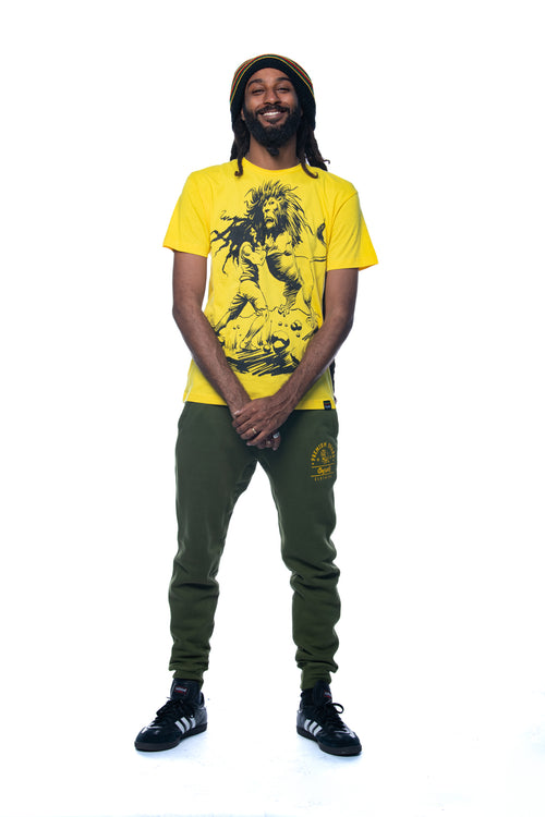 Cooyah Dread and Lion men's olive yellowgraphic tee. Rasta man with dreadlocks artwork screen printed design on soft, 100% ringspun cotton.