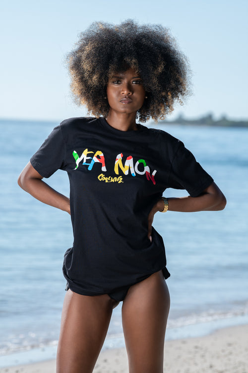 Cooyah Jamaica.  Yea Mon women's short sleeve tee.  Reggae style.  Jamaican beachwear band.  IRIE