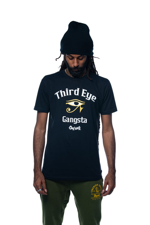 Cooyah Jamaica. Men's black Third Eye Gangsta tee. Short sleeve, ringspun cotton. Jamaican clothing brand.