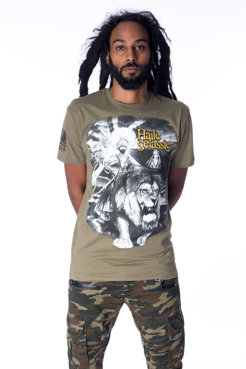 Cooyah Clothing.  Haile Selassie King Rastafari men's graphic tee in olive green.  Short sleeve, crew neck, screen printed on 100% ringspun cotton.  Jamaican streetwear clothing.  Rasta