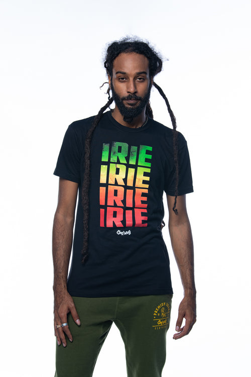 Cooyah Jamaica - Men's reggae tee with Irie graphic.  Screen printed at Cooyah Studio on soft cotton fabric in rasta colors.  We are a Jamaican owned clothing brand established in 1987.  