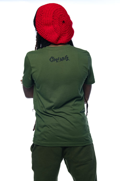 Cooyah Jamaica - Men's Rasta Irie graphic tees in olive green.  We are a Jamaican owned clothing brand established in 1987.