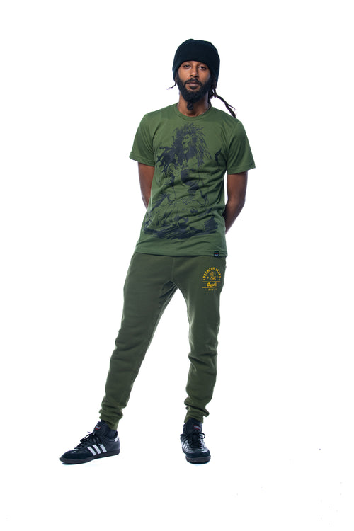 Cooyah Clothing. Men's Premium Brand Joggers in green with Lion graphic. Jamaican streetwear clothing brand.