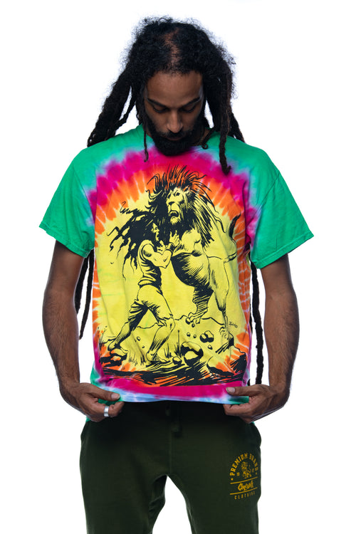 Cooyah Clothing Rasta Dread and Lion multicolored tie-dye reggae tee.  As a Jamaican owned clothing brand since 1987, we take pride in bringing you this classic piece. Don't wait, get yours now!