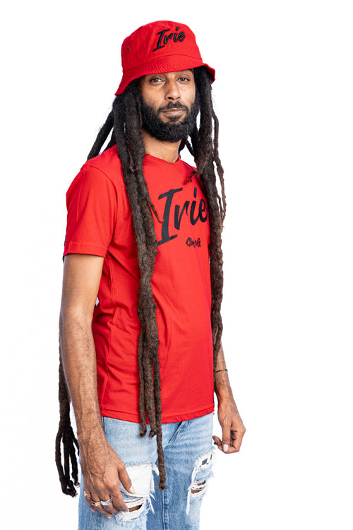 Cooyah Jamaica Irie Yard graphic tee in red.  Men's crew neck, short sleeve t-shirt. Jamaican clothing brand.