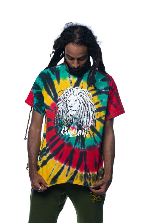 Cooyah Jamaica. Men's reggae tie-dye shirt with Rasta Lion with dreads graphic. Jamaican rootswear clothing.