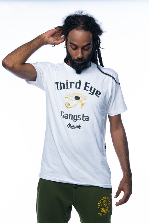 Cooyah Jamaica. Men's white Third Eye Gangsta tee. Short sleeve, ringspun cotton. Jamaican clothing brand.