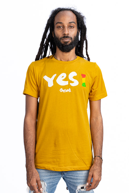 Cooyah Jamaica. Men's short sleeve tee with Yes I graphic.  Mustard Yellow  t-shirt screen printed in rasta colors. Reggae style. Jamaican clothing band. IRIE