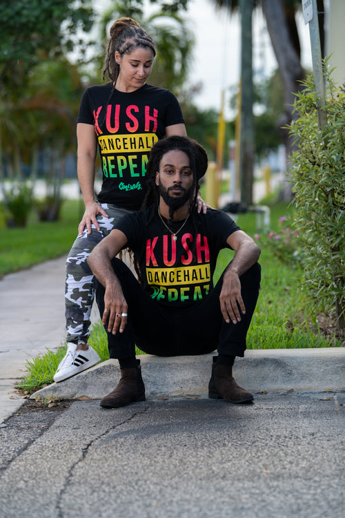 Cooyah Jamaica. Men's Kush, Dancehall graphic tee in black. Screen printed with rasta colors design. Jamaican Clothing Brand. IRIE