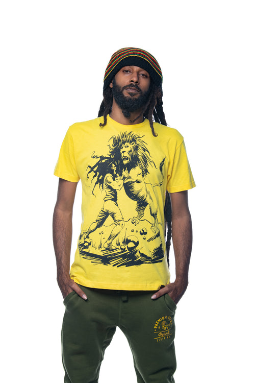 Cooyah Jamaican clothing brand, Dread and Lion men's yellow graphic tee. Rasta man with dreadlocks artwork screen printed design on soft, 100% ringspun cotton.