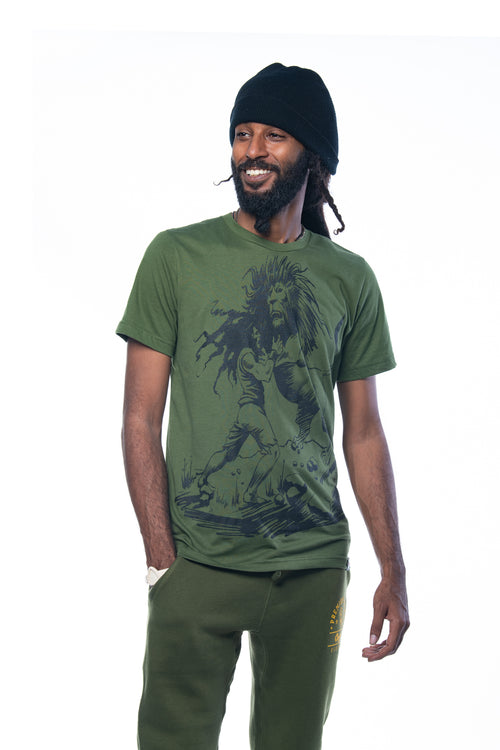 Cooyah Jamaican clothing brand, Dread and Lion men's olive green graphic tee. Rasta man with dreadlocks artwork screen printed design on soft, 100% ringspun cotton.