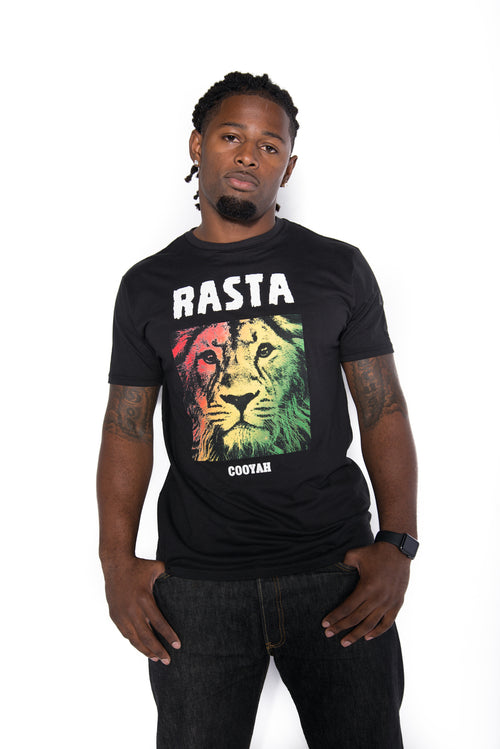 Cooyah Jamaica - Men's short sleeve  Rasta Lion Tee Shirt, made from 100% ringspun cotton.  Screen printed in reggae colors.  We are a Jamaican owned clothing brand established in 1987.