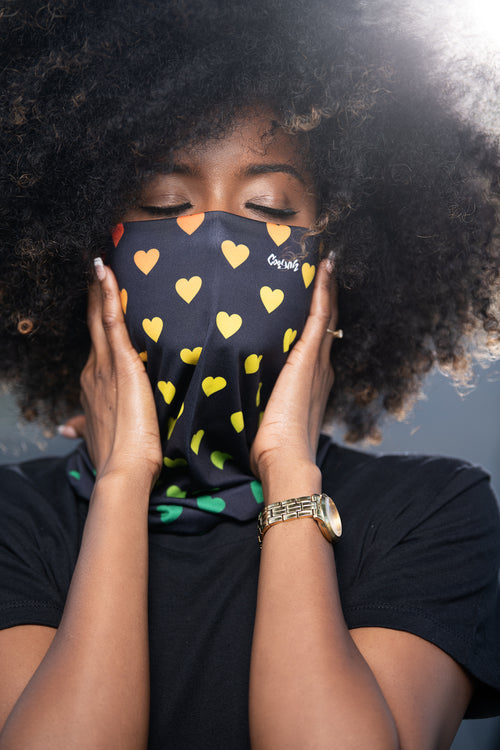These Cooyah brand gaiters are the perfect fit for outdoor activities.  They are multifunctional and can be worn as a scarf, headband, or mask to keep dust from your face.    One Love, reggae heart design.  