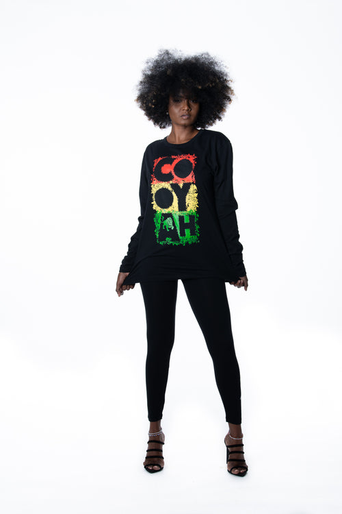 Cooyah Jamaica long sleeve Women's black Tee Shirt, Ring Spun, Crew Neck, Street Wear Reggae Style, IRIE