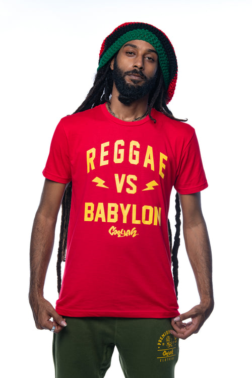 Reggae VS Babylon by Cooyah Jamaica.   Men's graphic tee in red. Cooyah Jamaica. Men's short sleeve Reggae t-shirt. Ringspun, crew neck shirt. Jamaican streetwear clothing. IRIE