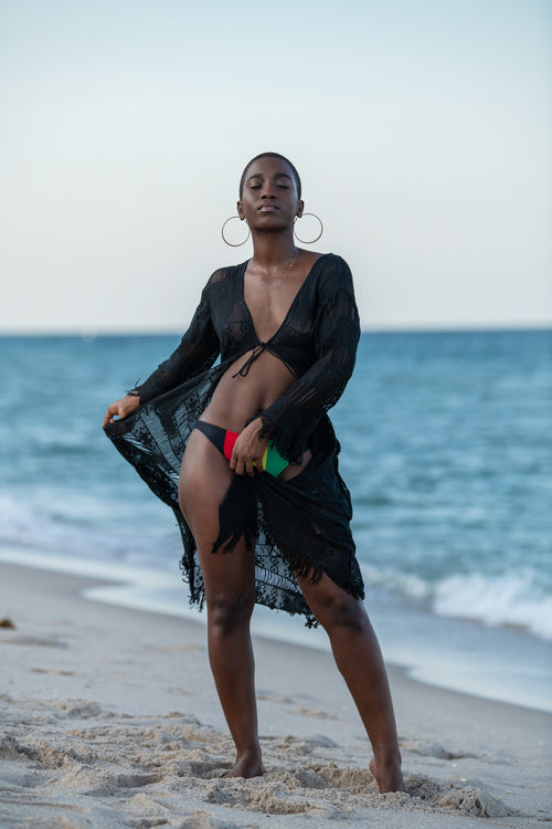 Cooyah Jamaica - Womens cotton crochet beach cover up with Kimono sleeves in black.  Reggae Beachwear clothing brand since 1987.