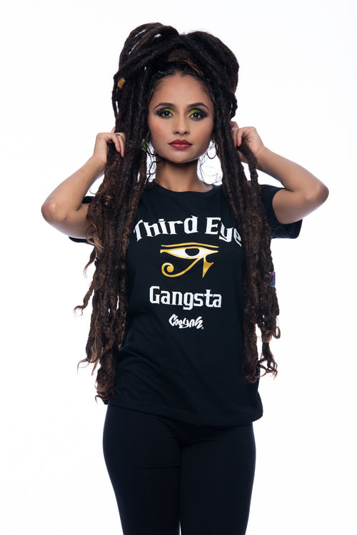 Cooyah Jamaica. Women's black Third Eye Gangsta tee. Short sleeve, ringspun cotton featuring the Eye of Rah.  Jamaican clothing brand.