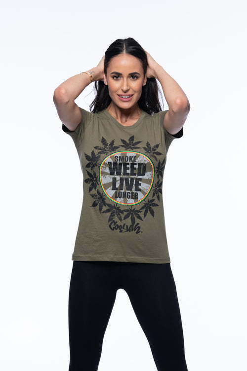 Cooyah Jamaica.  Smoke Weed Live Longer Tee.  Cannabis, Kush screen printed graphic tee in olive green.  Women's short sleeve ringspun cotton t-shirt.  Jamaican clothing brand.