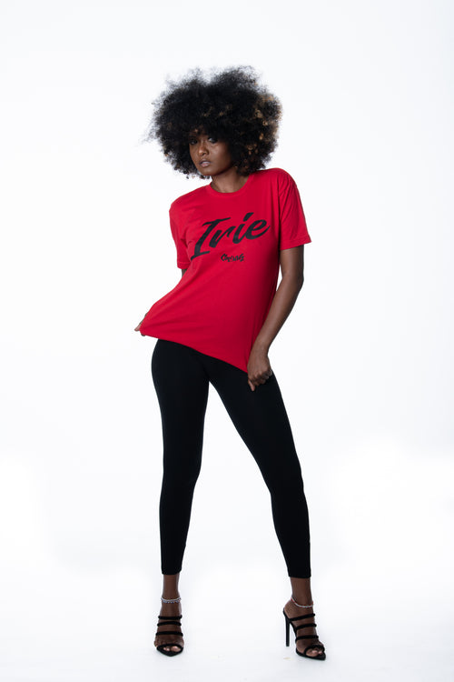 Cooyah Jamaica - Women's IRIE Yard graphic tee in red.  Short sleeve, ringspun cotton.  As a Jamaican owned clothing brand since 1987, we take pride in bringing you this classic piece. 