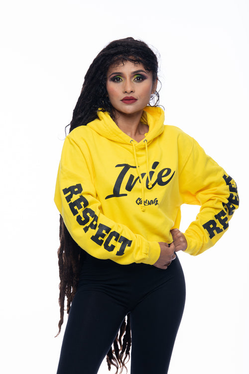 Cooyah women's Yellow cropped hoodie with irie Jamaica graphic. Hand-printed Jamaican streetwear designs on the front, back, and sleeve for added style.  Reggae 