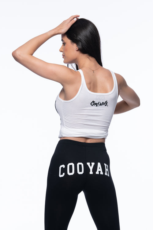 Cooyah Jamaica.  Black Dancehall leggings and white tank top.  Jamaican reggae clothing brand since 1987.