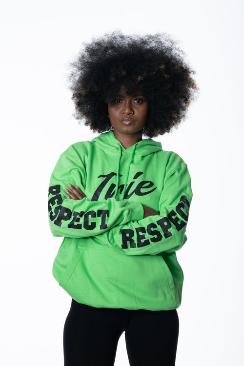 Cooyah Jamaica. Women's Irie lime green pullover hoodie. The word RESPECT is screen printed on the sleeves.  Jamaican reggae clothing.