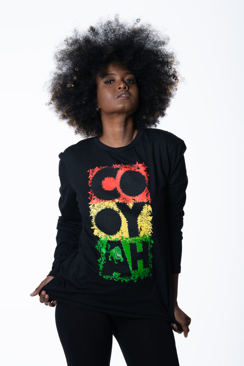 Cooyah Jamaica long sleeve Women's black Tee Shirt, Ring Spun, Crew Neck, Street Wear Reggae Style, IRIE