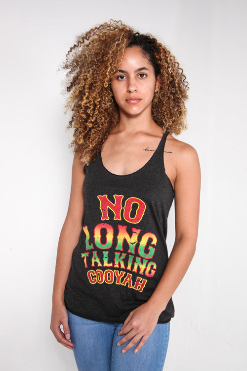 Cooyah Jamaica. Women's No Long Talking racerback tank top in rasta colors. Jamaican clothing brand.