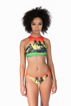 Cooyah Jamaica.  Women's Reggae style Bikini with red, yellow, and green tropical palm tree design.  2 piece swimwear.  Jamaican beachwear clothing brand.