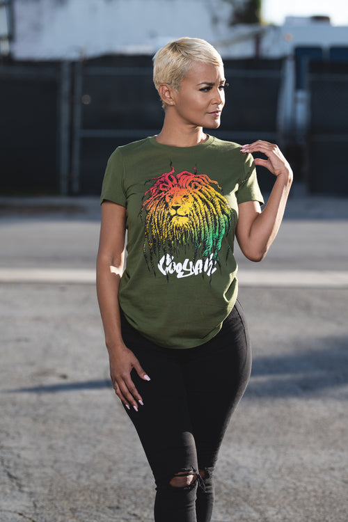 Cooyah Jamaica. Women's Rasta Lion with dreads graphic tee in olive green. Reggae rootswear with Jamaican streetwear style. Irie