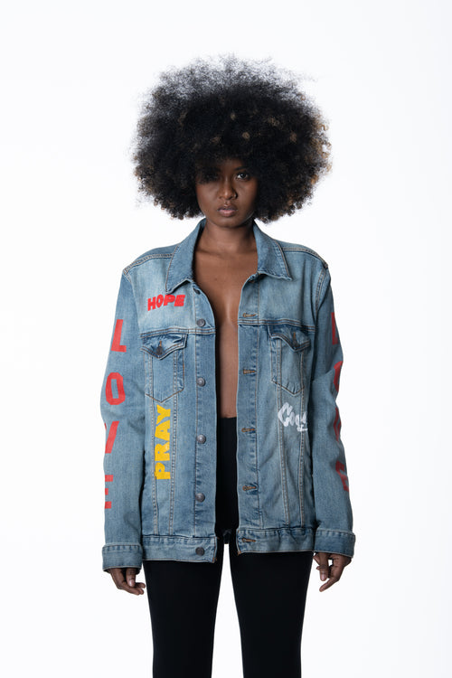 Cooyah Jamaica. Women's Denim Jean Jacket with Rasta Lion graphics. Jamaican rootswear clothing.