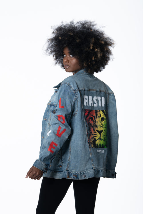 Cooyah Jamaica. Women's Denim Jean Jacket with Rasta Lion graphics. Jamaican rootswear clothing.