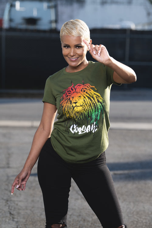 Cooyah Jamaica. Women's Rasta Lion with dreads graphic tee in olive green. Reggae rootswear with Jamaican streetwear style. Iri