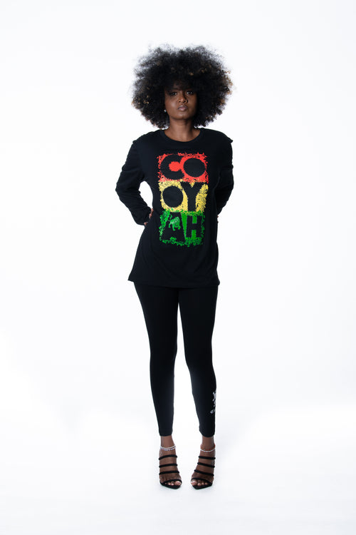 Cooyah Jamaica.  Women's long sleeve black Tee Shirt, Screen Printed in Reggae Colors.   Ring Spun, Crew Neck, Street Wear Reggae Style, IRIE