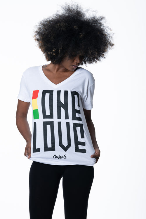 Cooyah Jamaica - Women's v-neck graphic tee.  Short sleeve with One Love design in reggae colors.  As a Jamaican owned clothing brand since 1987, we take pride in bringing you this classic top. 