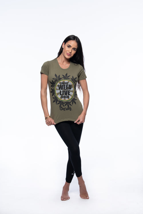 Cooyah Jamaica. Smoke Weed Live Longer Tee. Cannabis, Kush screen printed graphic tee in olive green. Women's short sleeve ringspun cotton t-shirt. Jamaican clothing brand.