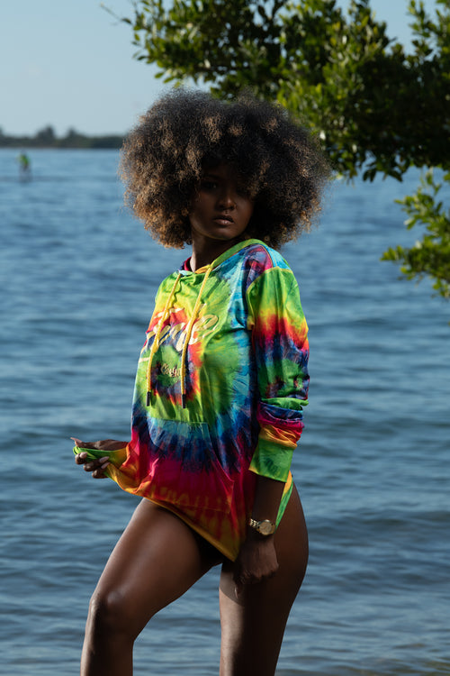 Cooyah Jamaica. This colorful Irie tie-dye UV protected hoodie is great for the beach and traveling - helps you stay cool and protected year-round! Jamaican beachwear clothing brand.