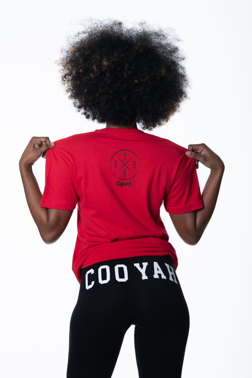 Cooyah Jamaica - Women's red irie yard graphic tees with screen printed design.  As a Jamaican owned clothing brand since 1987, we take pride in bringing you this classic piece. 