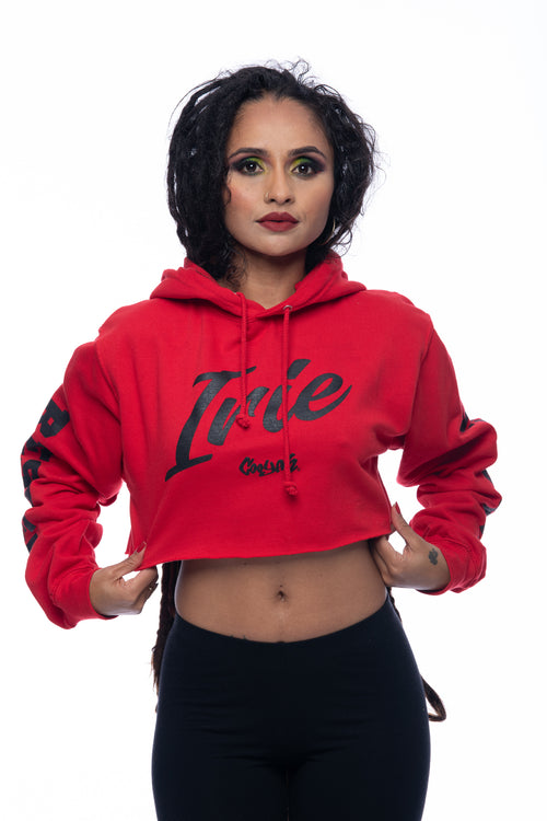 Red cropped hoodie with irie graphic. Hand-printed Jamaican streetwear designs on the front, back, and sleeve for added style by Cooyah.