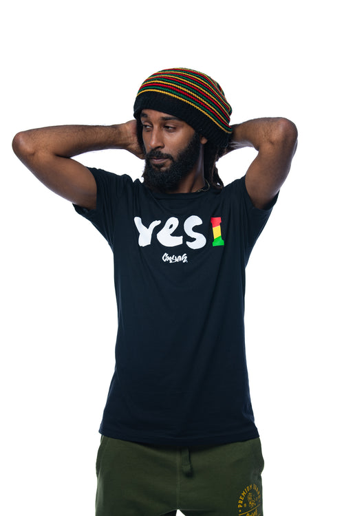 Cooyah Jamaica. Men's short sleeve tee with Yes I graphic.  Black t-shirt screen printed in rasta colors. Reggae style. Jamaican clothing band. IRIE