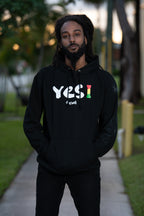 Cooyah Clothing. Men's Yes I Jamaica hoodie in black. Screen printed design in reggae colors. Jamaican streetwear clothing. IRIE