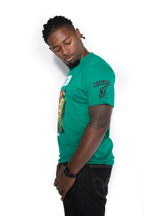 Cooyah Jamaica - short sleeve men's green Rasta Lion Green Tee Shirt, Ring Spun, Crew Neck, Street Wear Reggae Clothing, IRIE